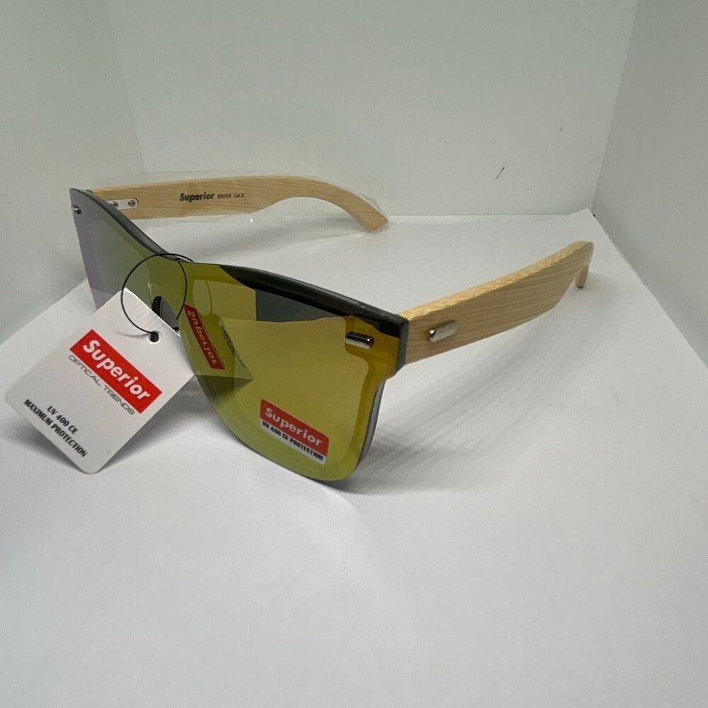 Superior Bamboo Mirrored  UV400 Rimless Shield Sunglasses Eco-Friendly Wooden Ar